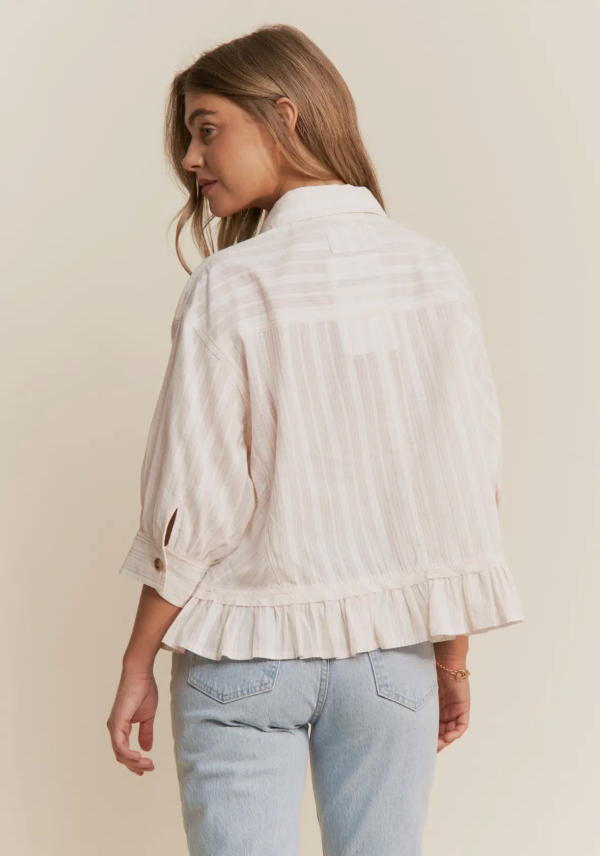 Light Pink Stripe Button Up Pleated Top