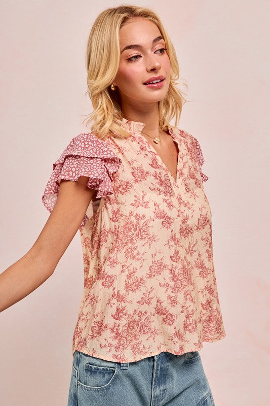 Mauve Floral Print Mix Woven Top