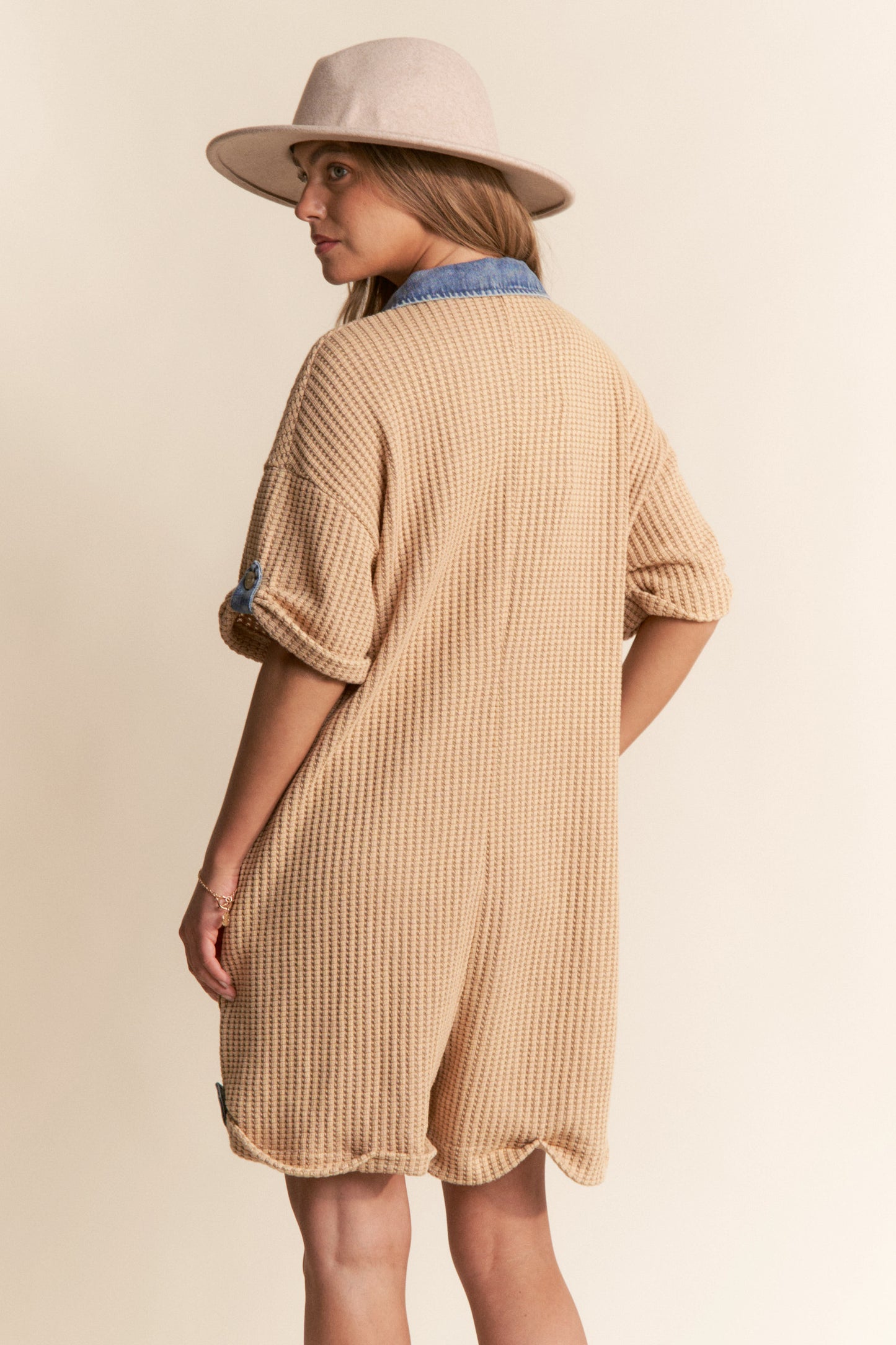 Waffle Knit Button Down Short Romper