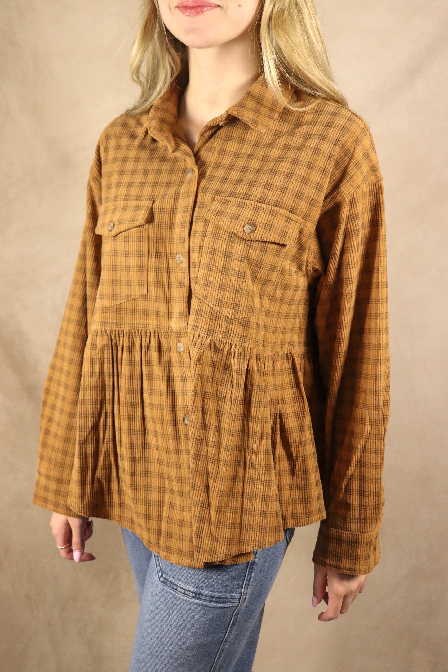 Carmel Plaid Peplum Button Shirt