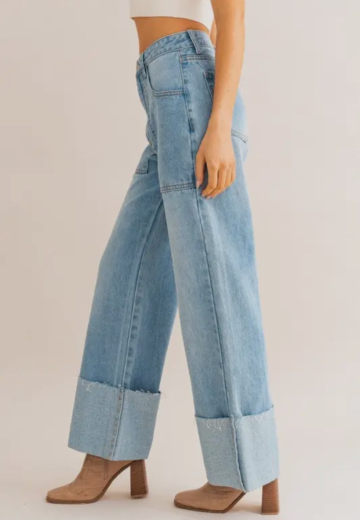 High Waisted Wide Cuffed Jeans