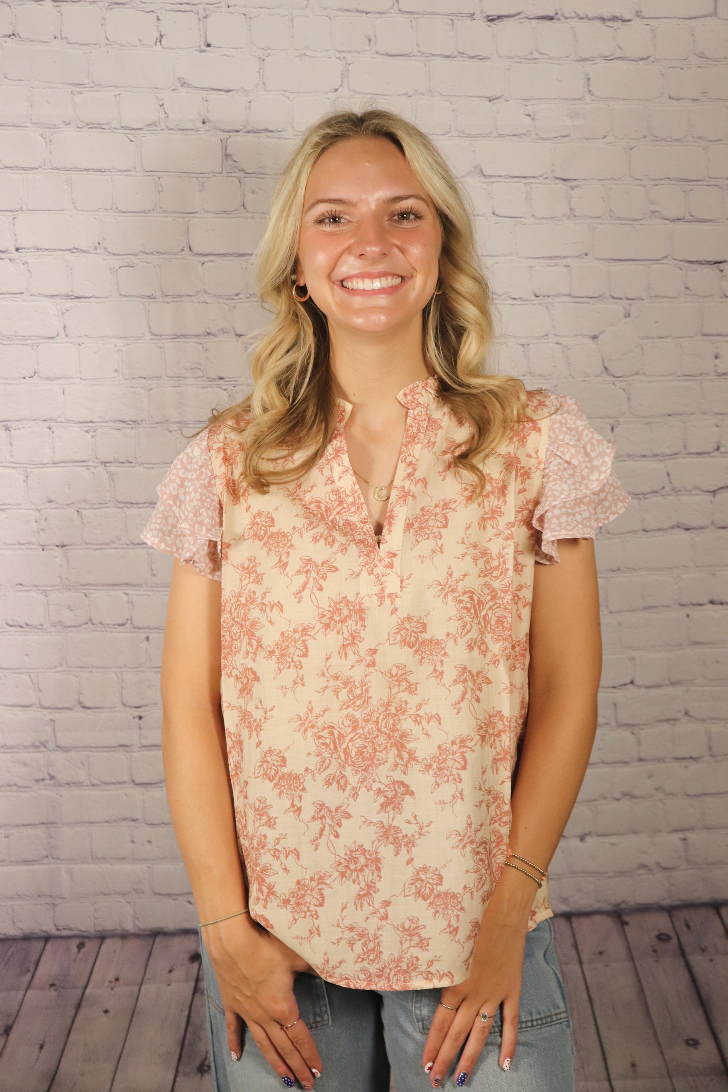 Mauve Floral Print Mix Woven Top
