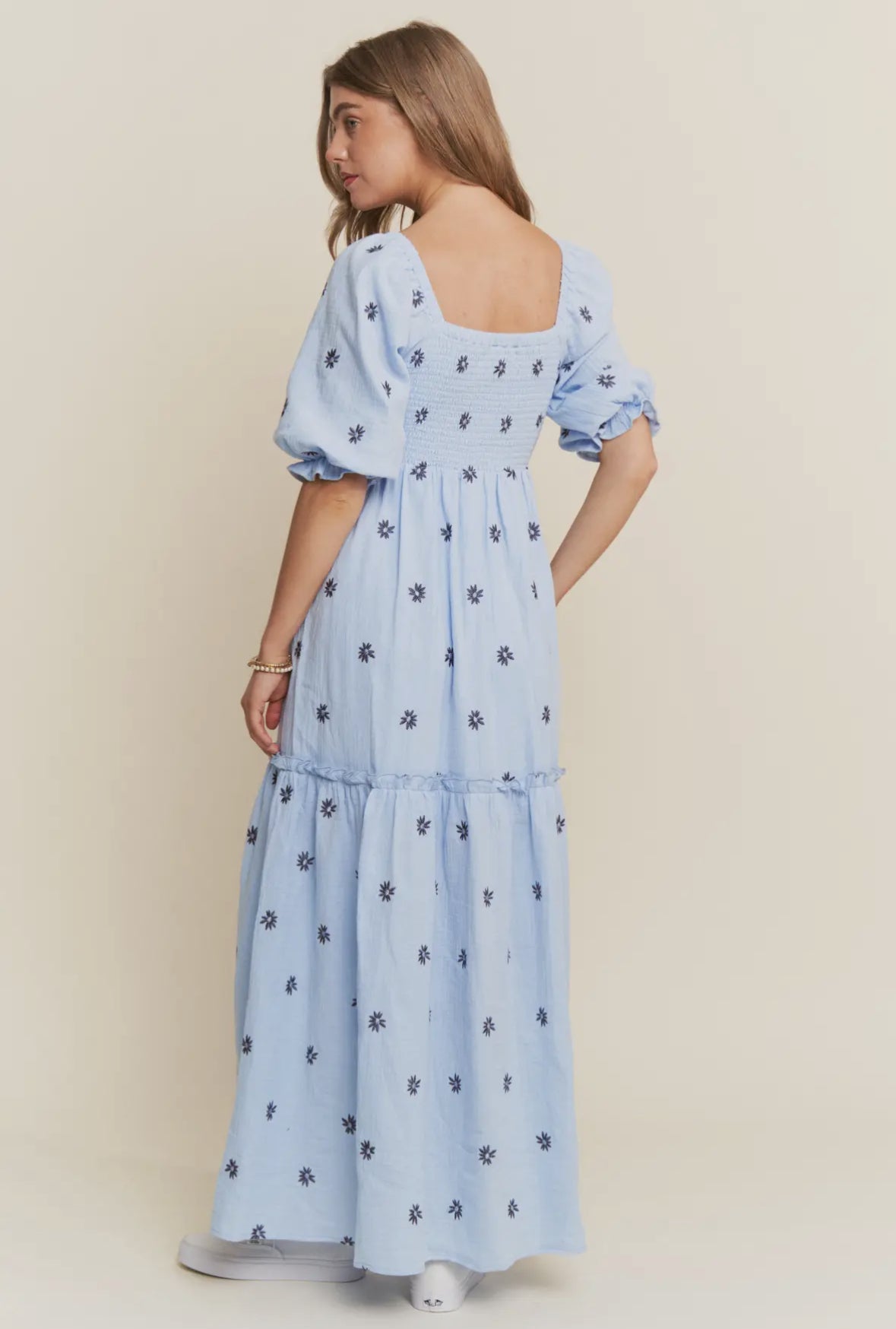 The Layla| Dusty Blue Floral Embroidered Maxi Dress