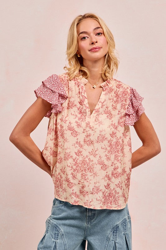 Mauve Floral Print Mix Woven Top