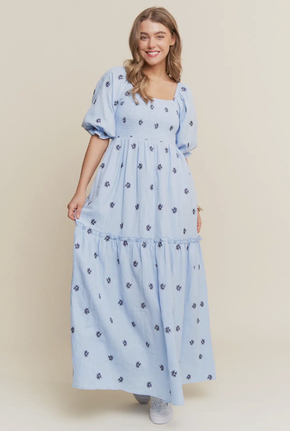 The Layla| Dusty Blue Floral Embroidered Maxi Dress