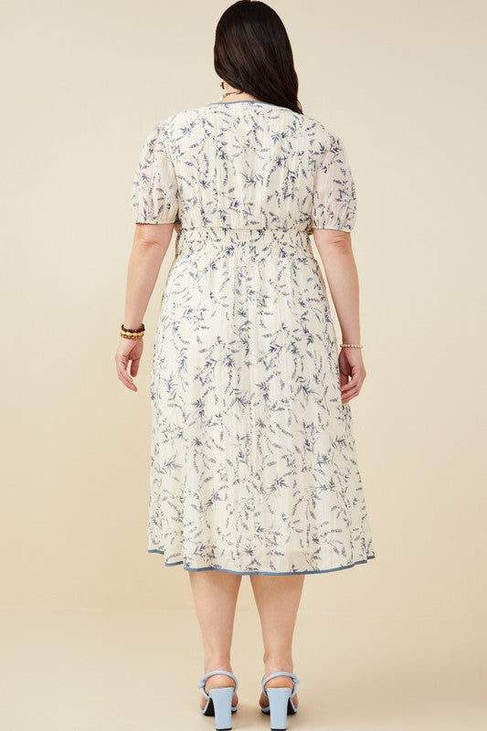 The Piper| Plus Blue Bow Detail Smocked Floral Midi Dress