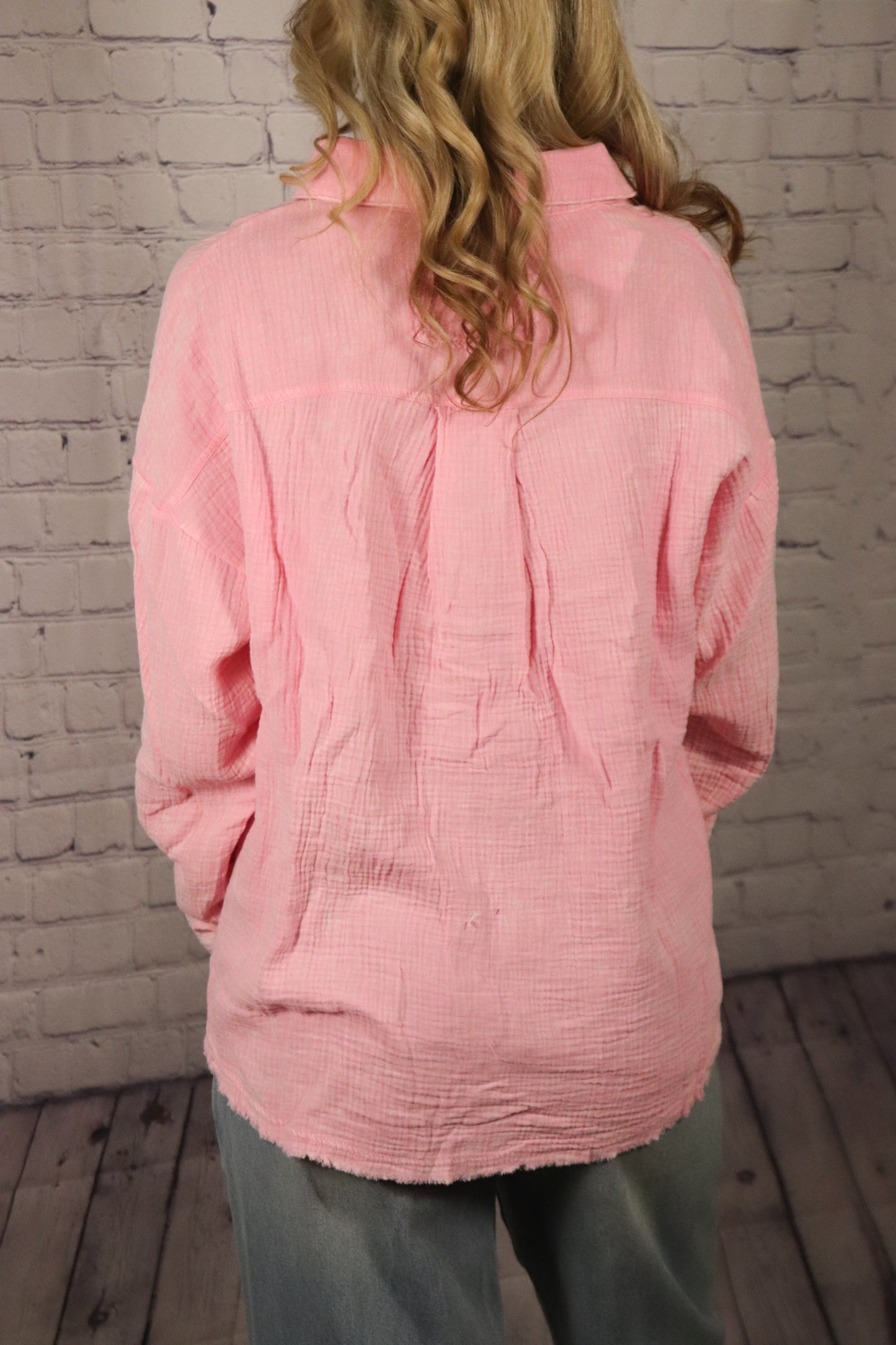 Pink Mineral Washed Gauze Button Down Top