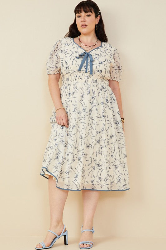 The Piper| Plus Blue Bow Detail Smocked Floral Midi Dress