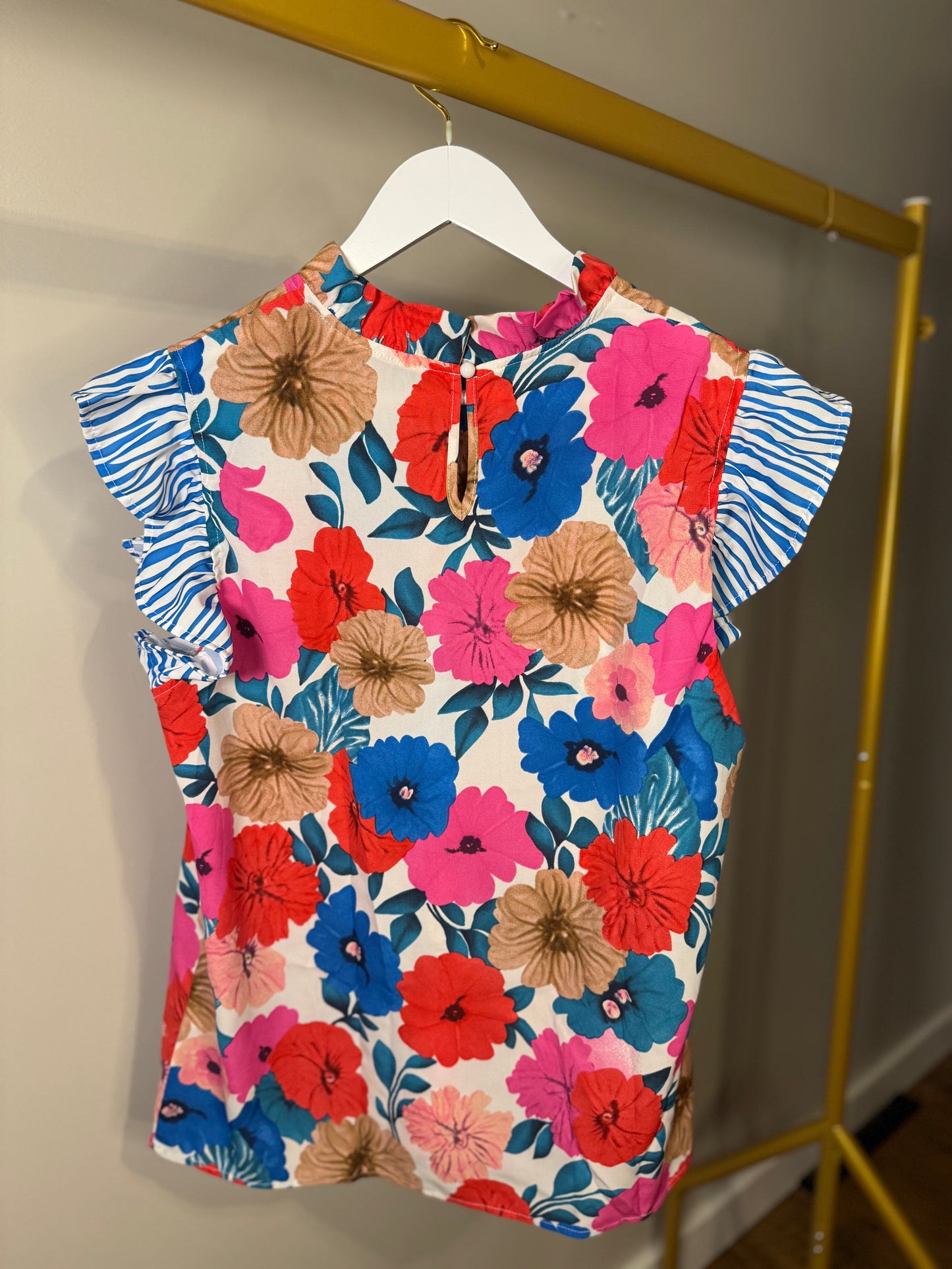 Floral Striped Flutter Sleeve Blouse