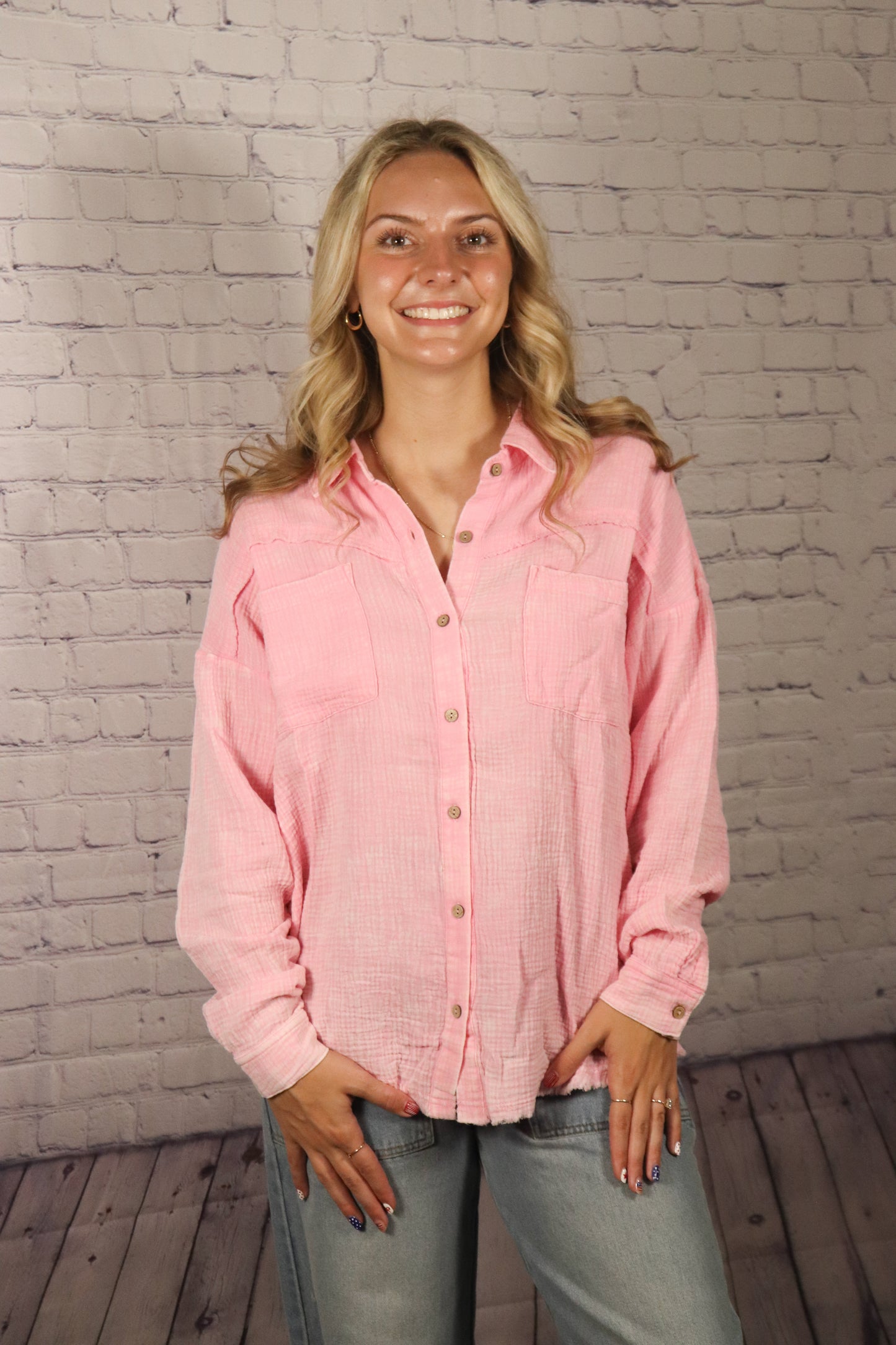 Pink Mineral Washed Gauze Button Down Top