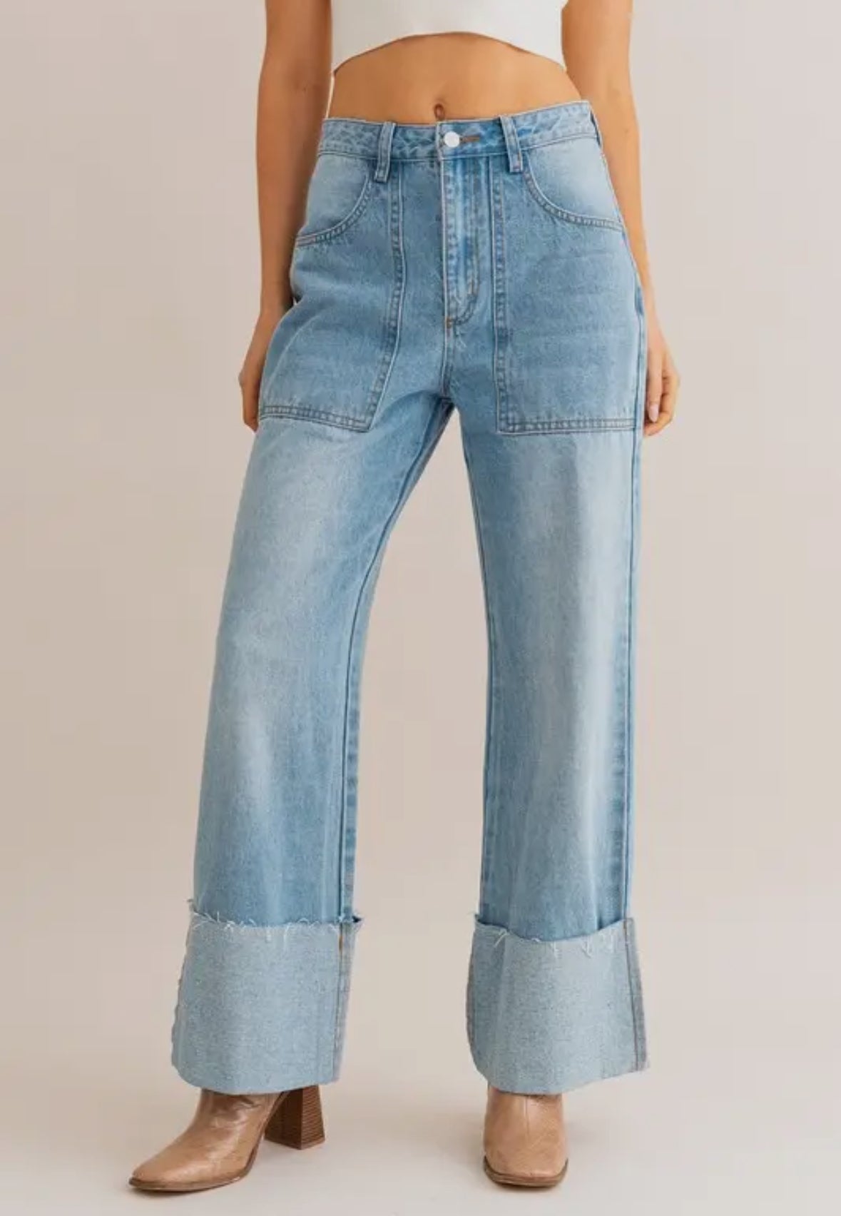 High Waisted Wide Cuffed Jeans