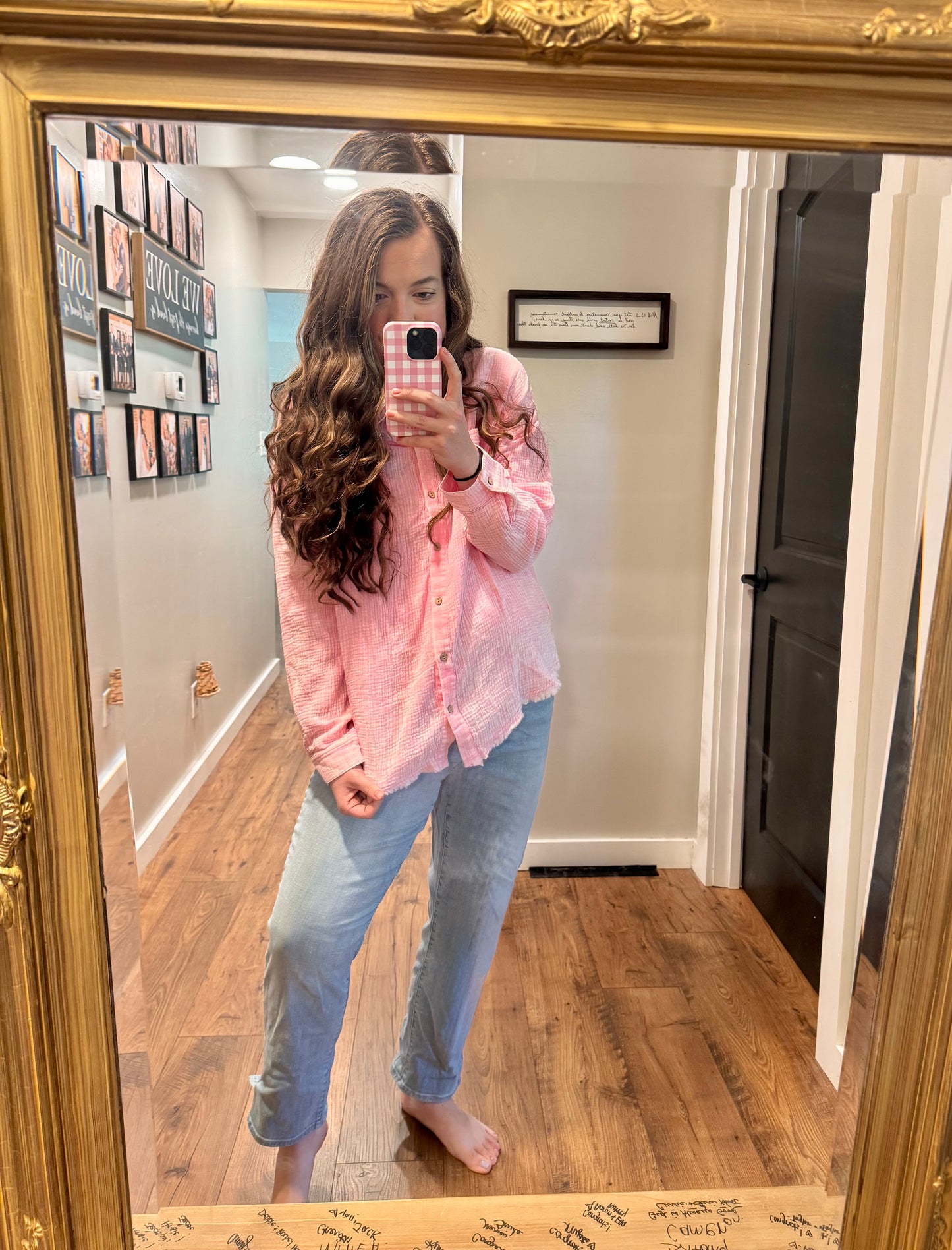 Pink Mineral Washed Gauze Button Down Top