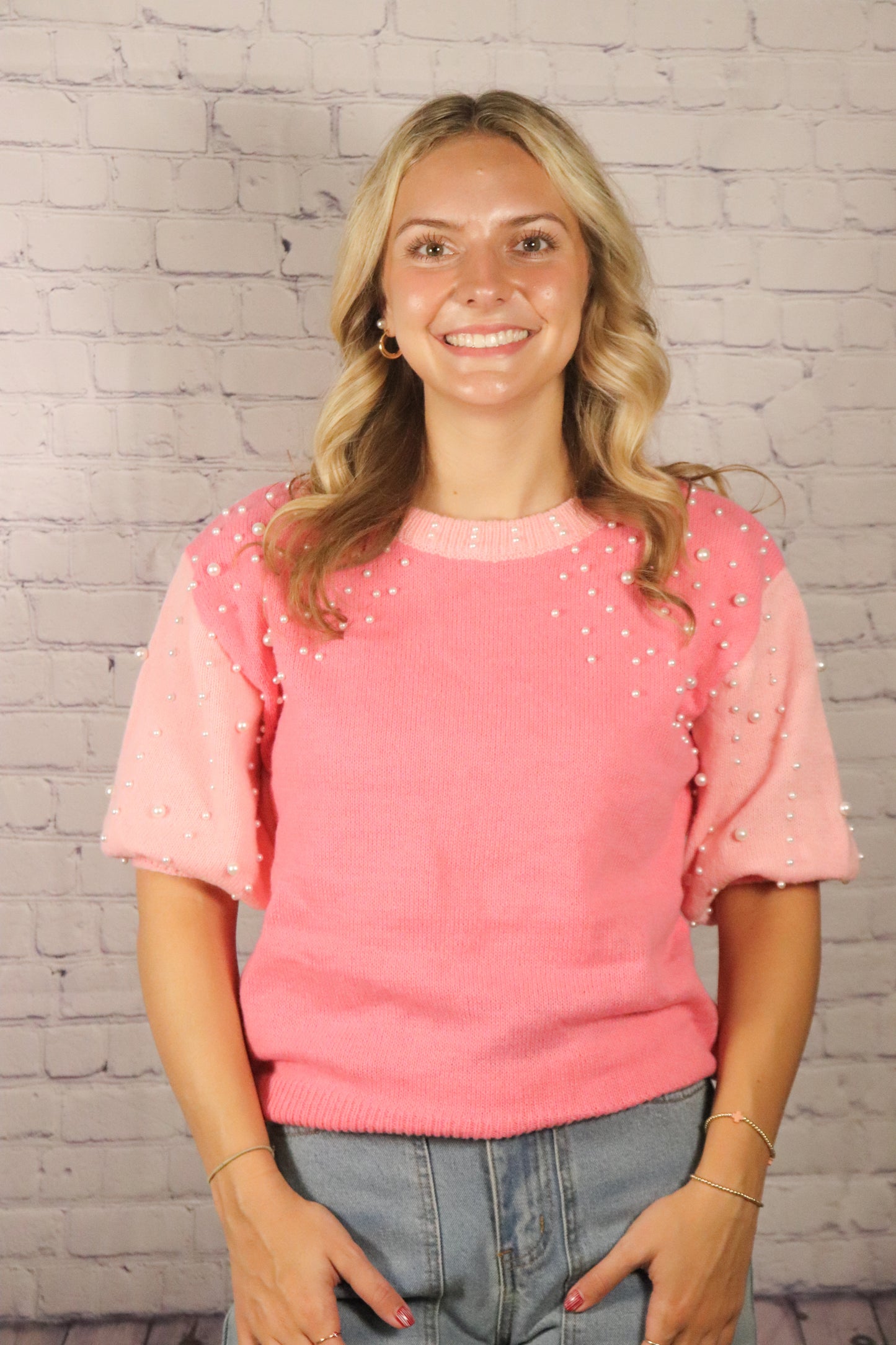 Blush Pearl Beaded Short Sleeve Top
