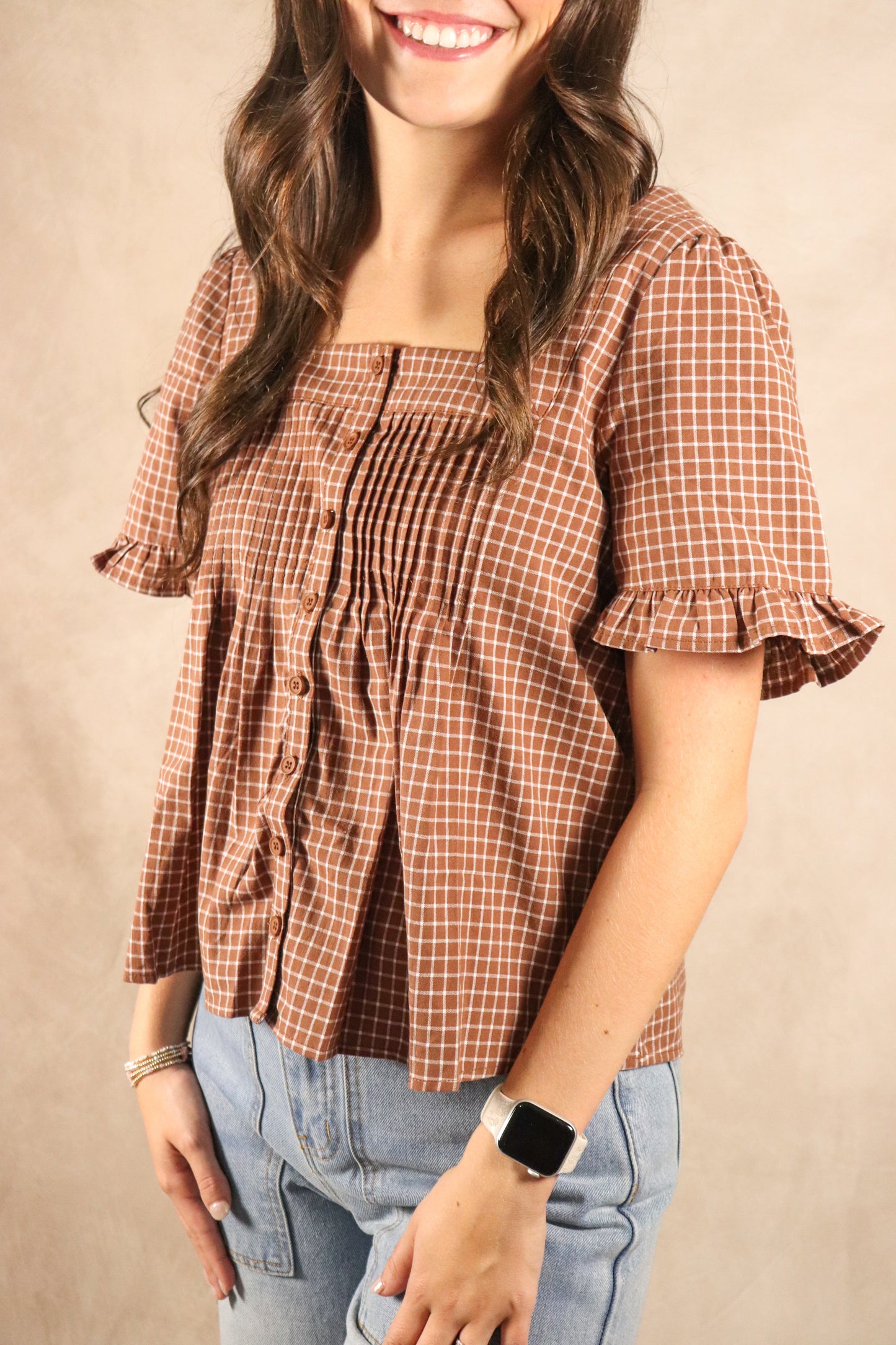 Brown Plaid Button Up Blouse