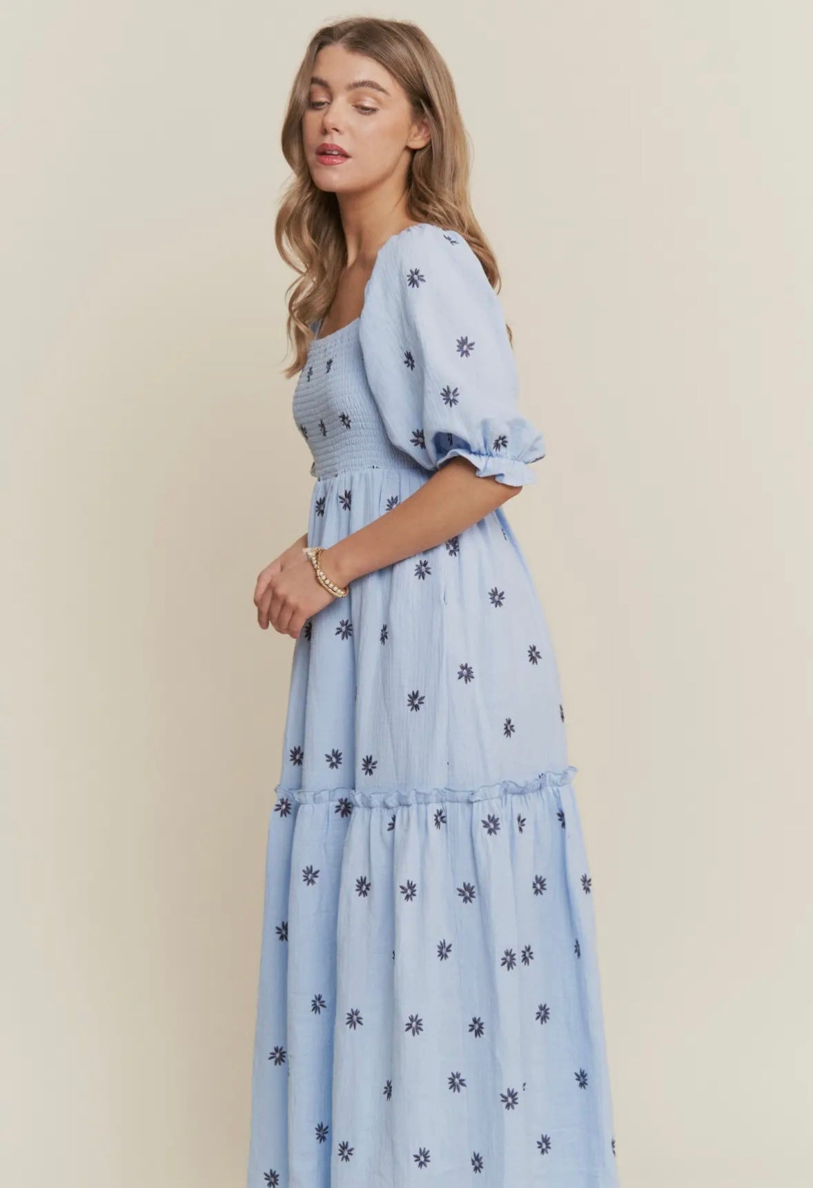 The Layla| Dusty Blue Floral Embroidered Maxi Dress