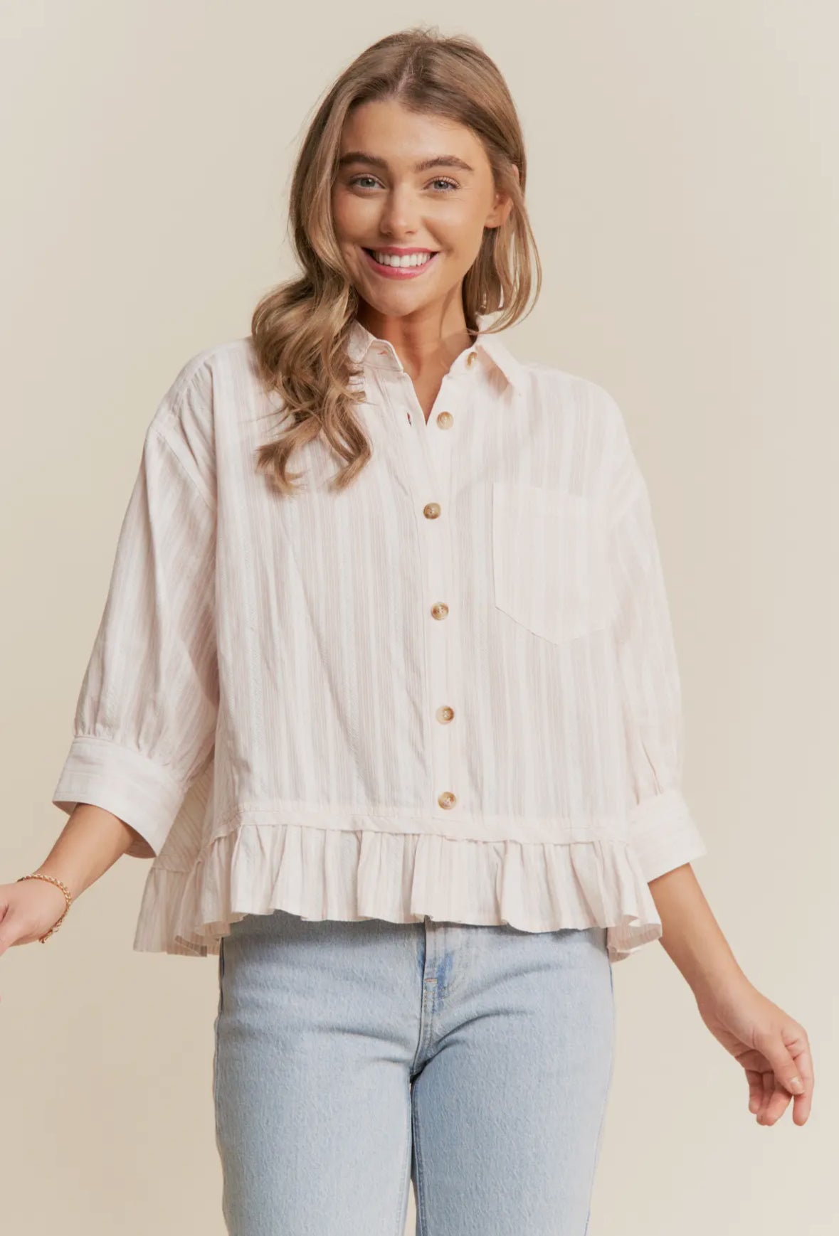 Light Pink Stripe Button Up Pleated Top