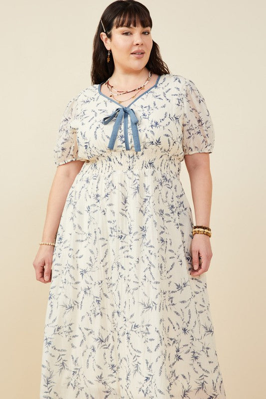 The Piper| Plus Blue Bow Detail Smocked Floral Midi Dress