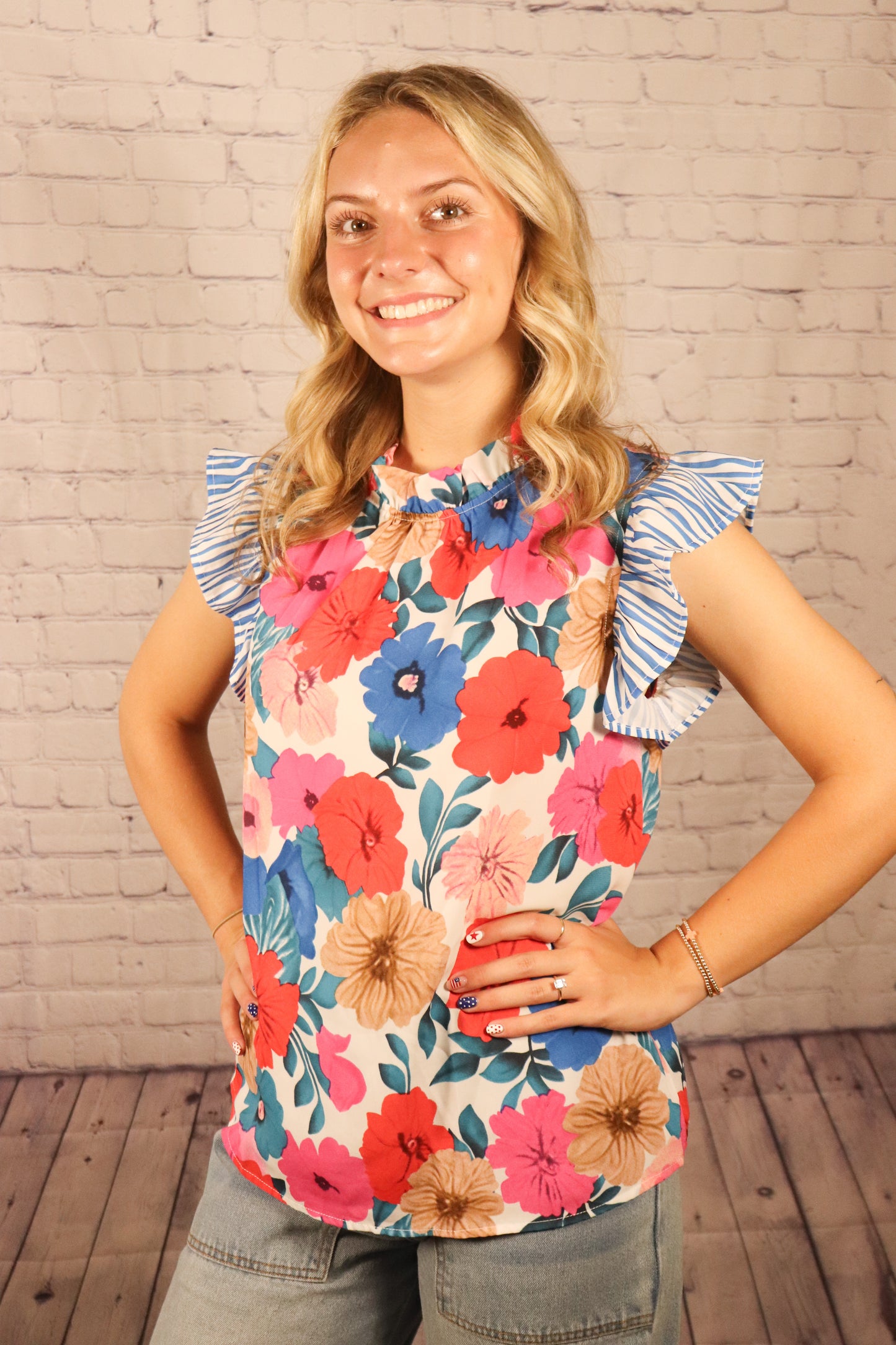 Floral Striped Flutter Sleeve Blouse