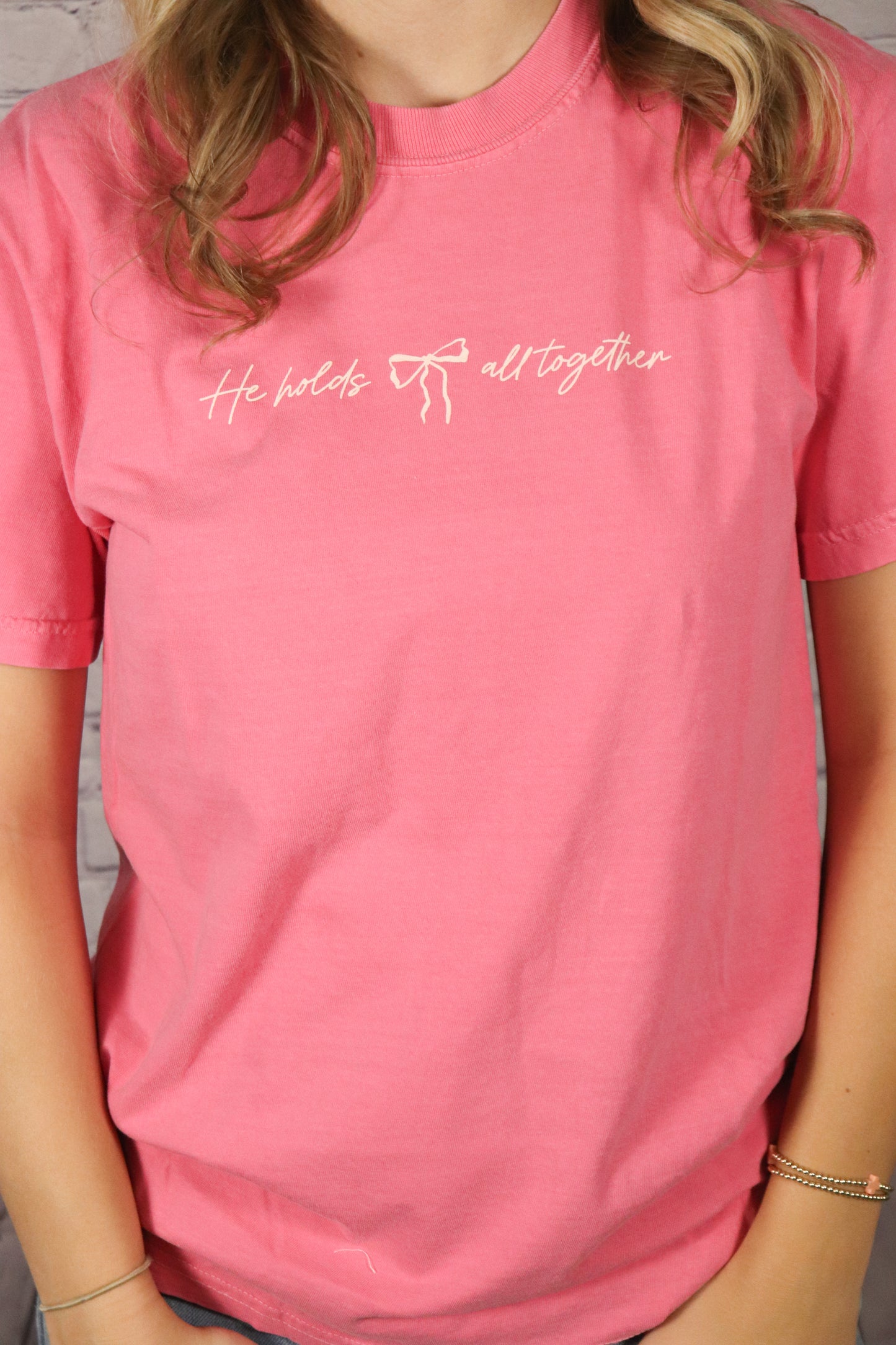 Pink He Holds All Together Comfort Colors Tee