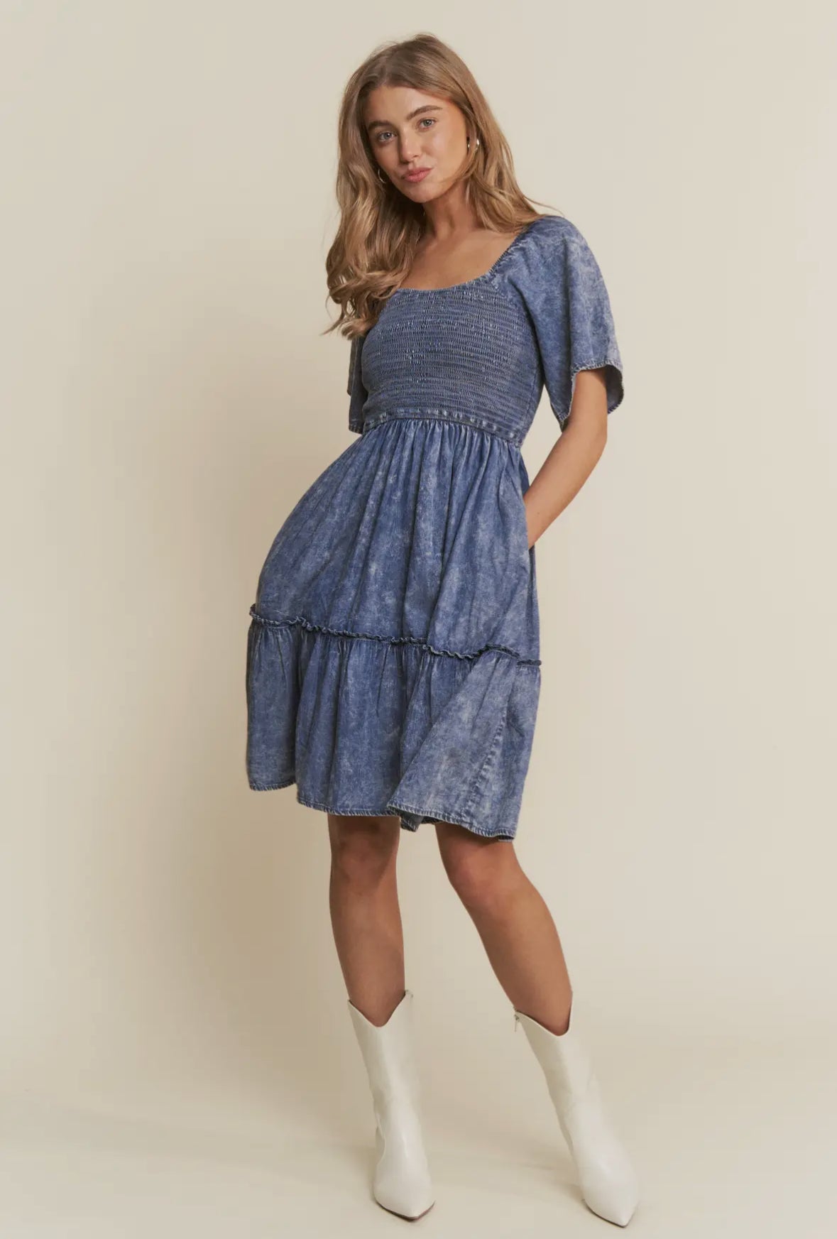 The Anna| Washed Denim Smocked Sundress