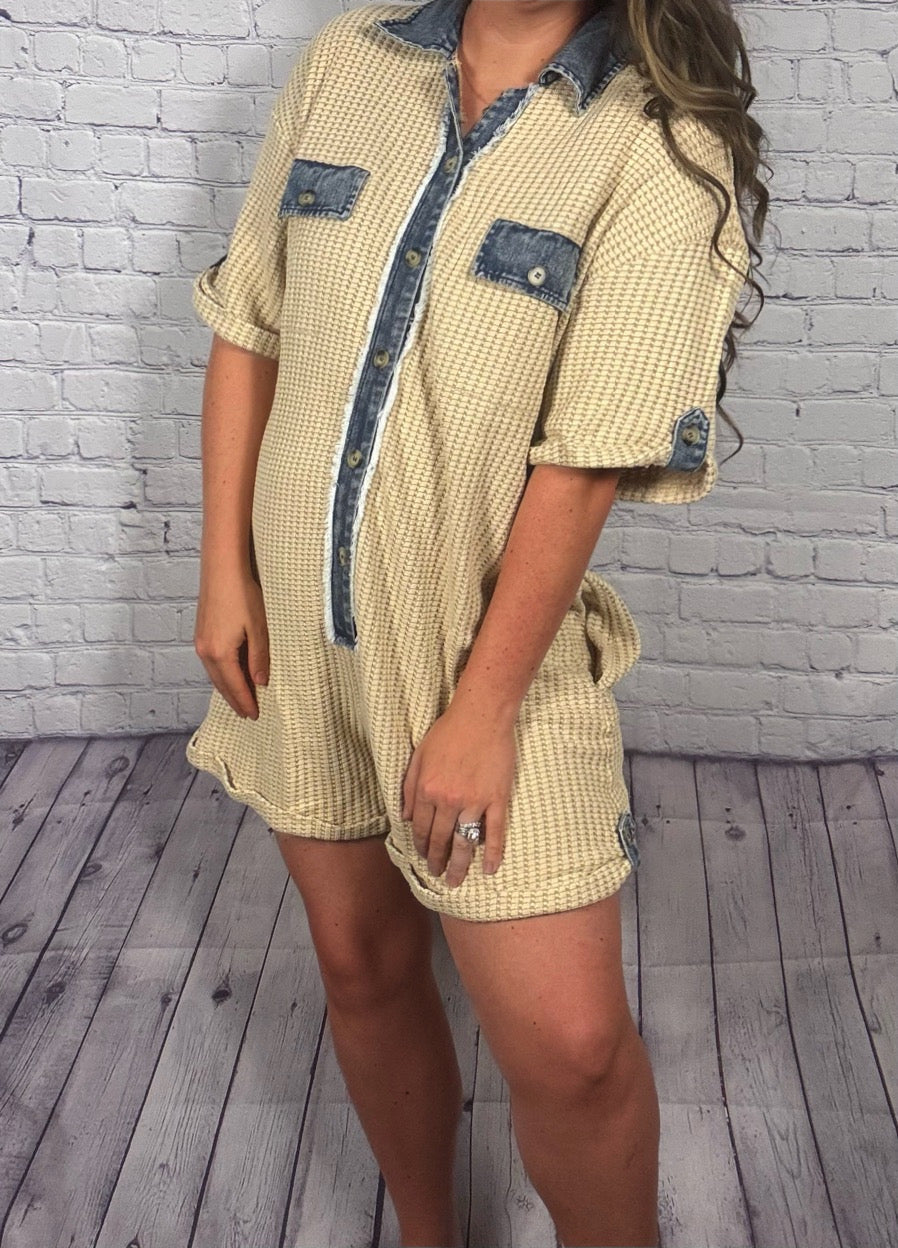 Waffle Knit Button Down Short Romper