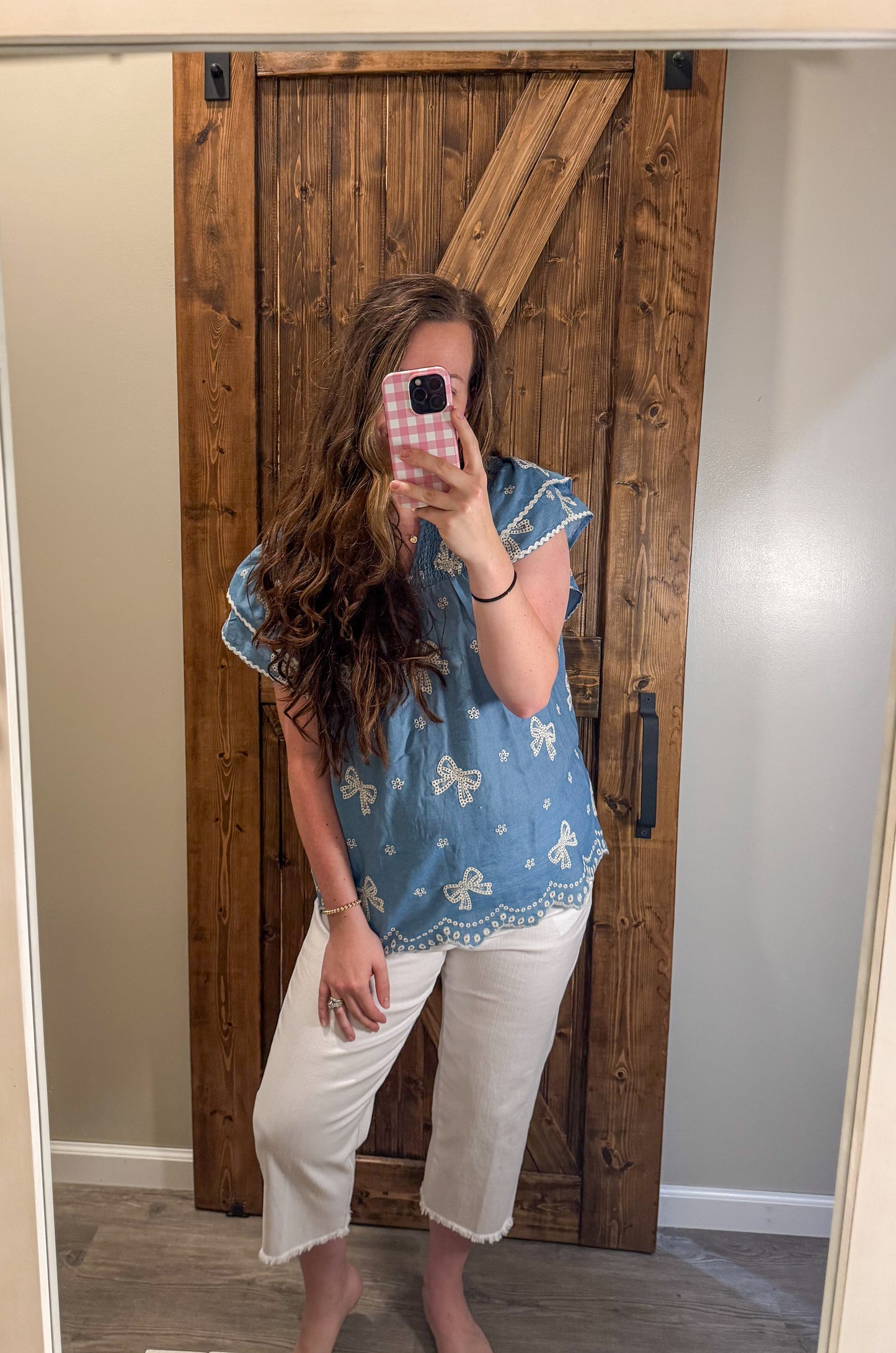 Embroidered Chambray Top