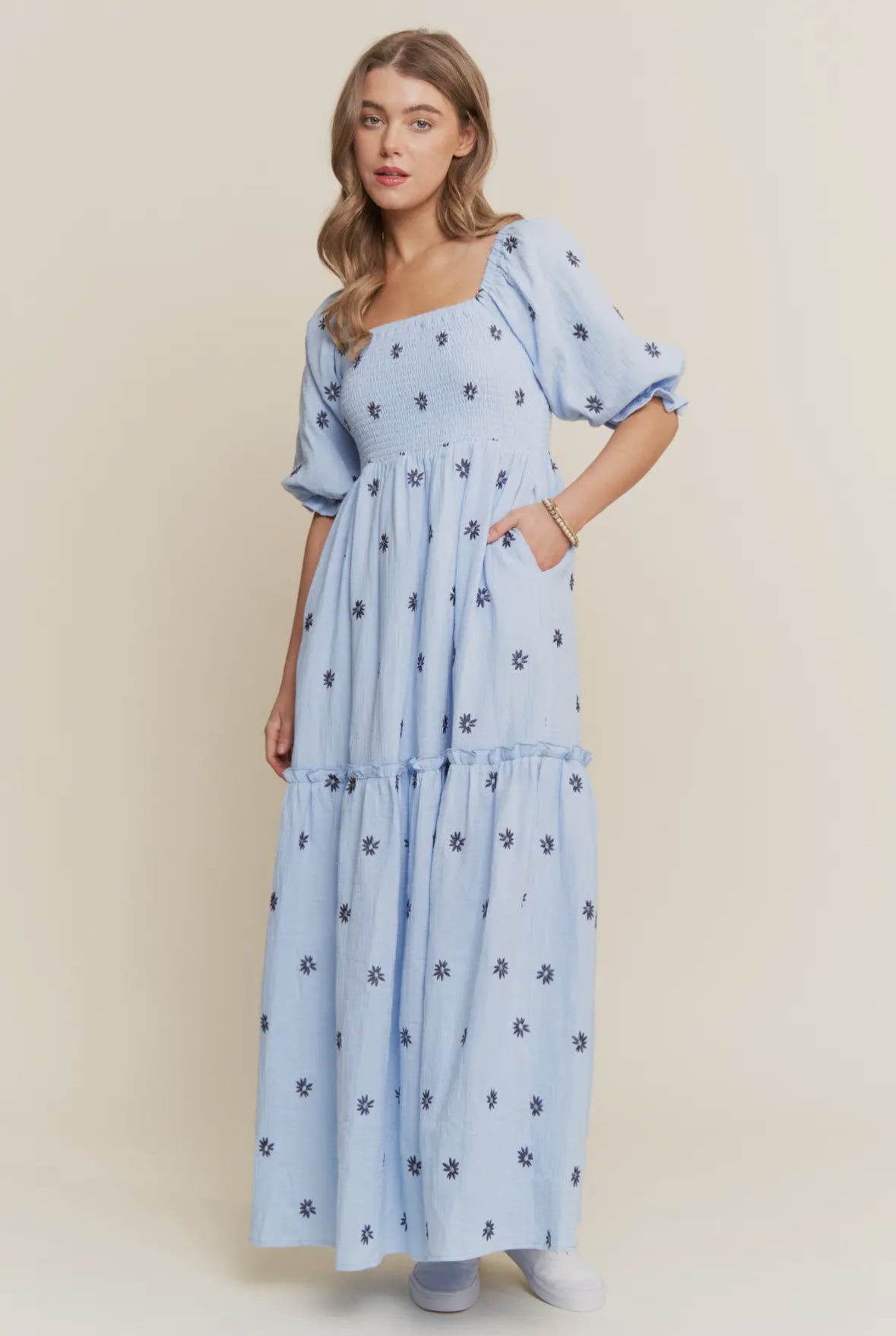 The Layla| Dusty Blue Floral Embroidered Maxi Dress