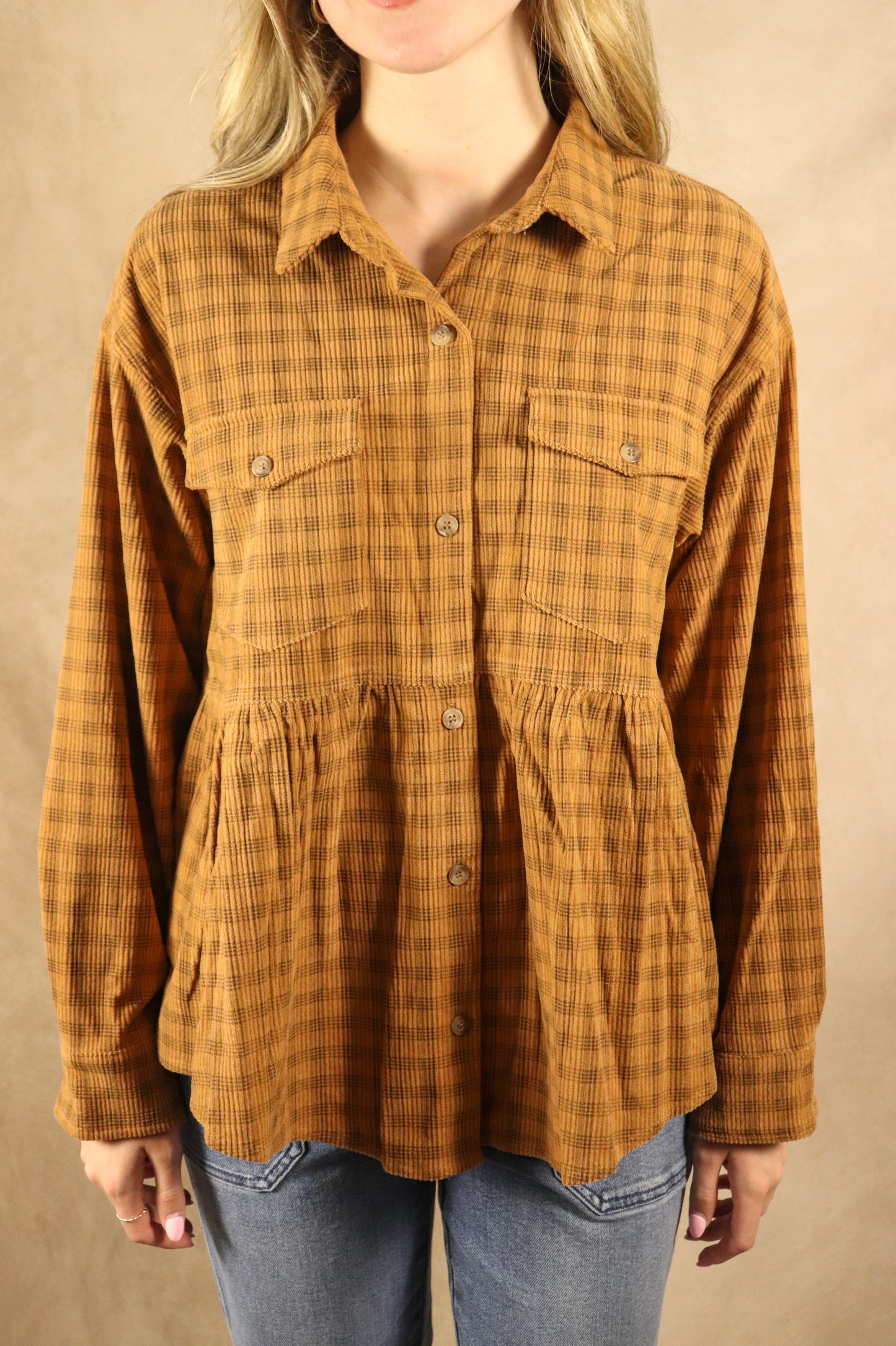 Carmel Plaid Peplum Button Shirt
