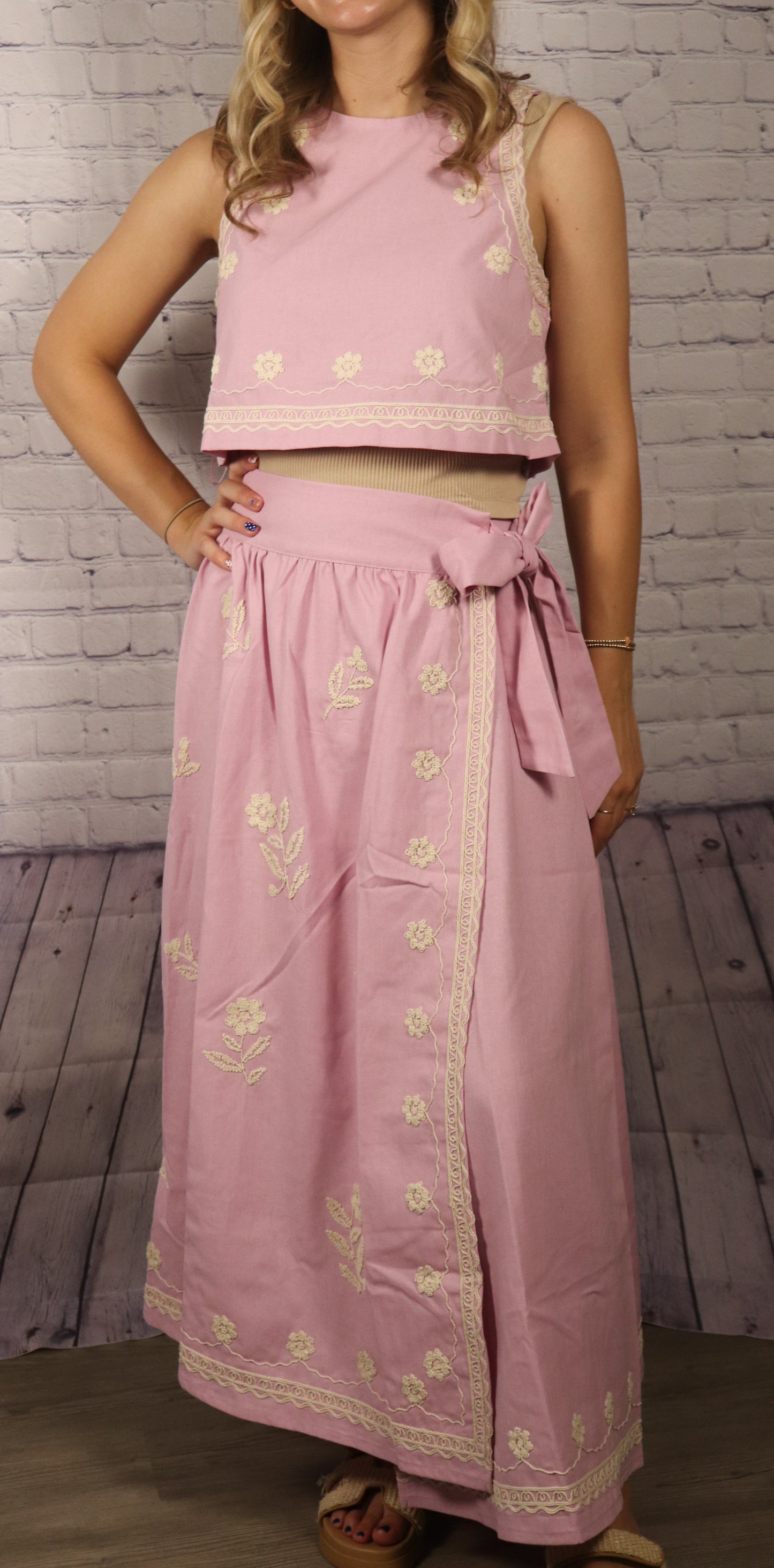 Pink Lavender Embroidered Crop Top and Wrap Skirt Set