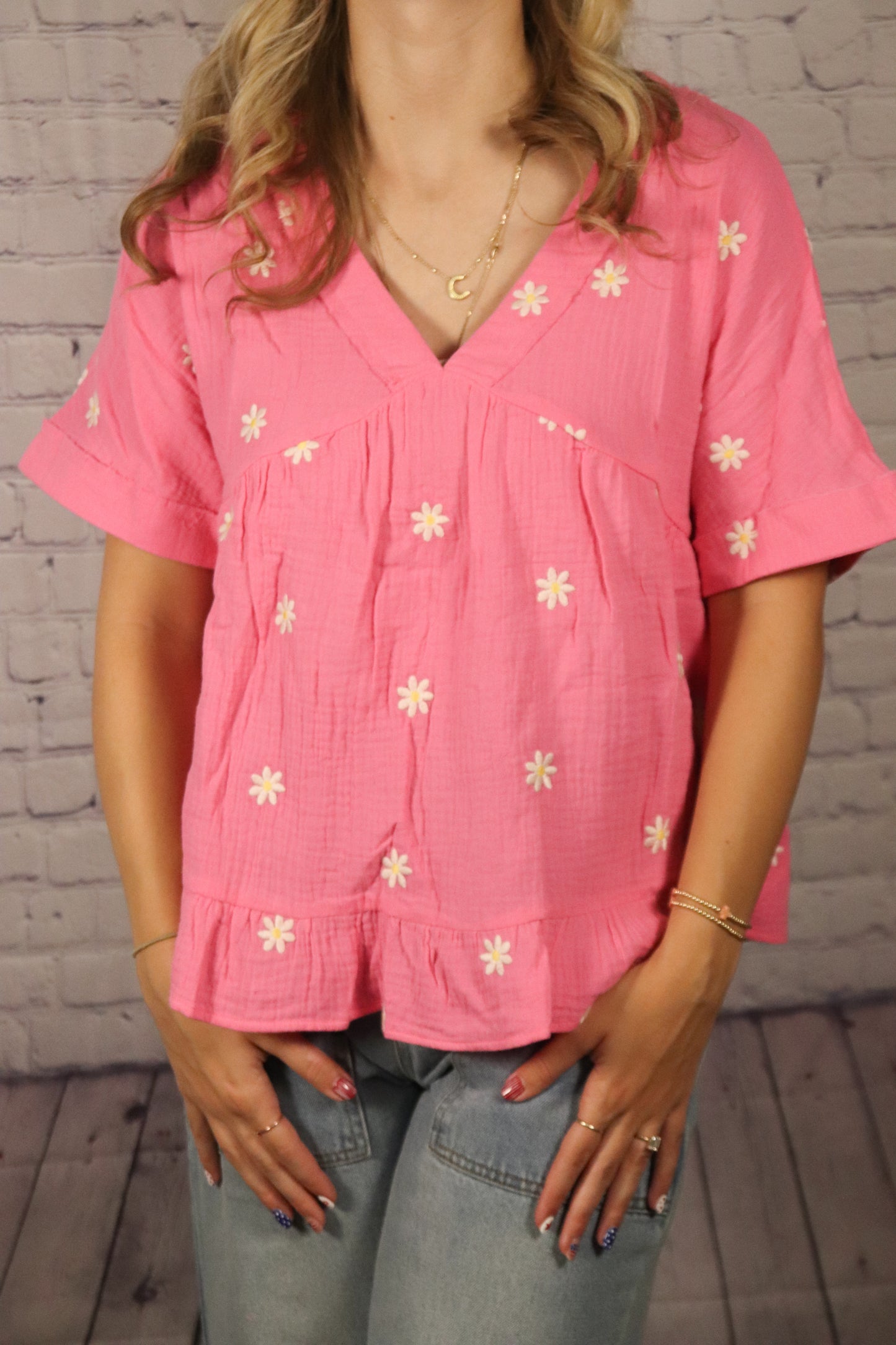 Flower Embroidered Woven Top