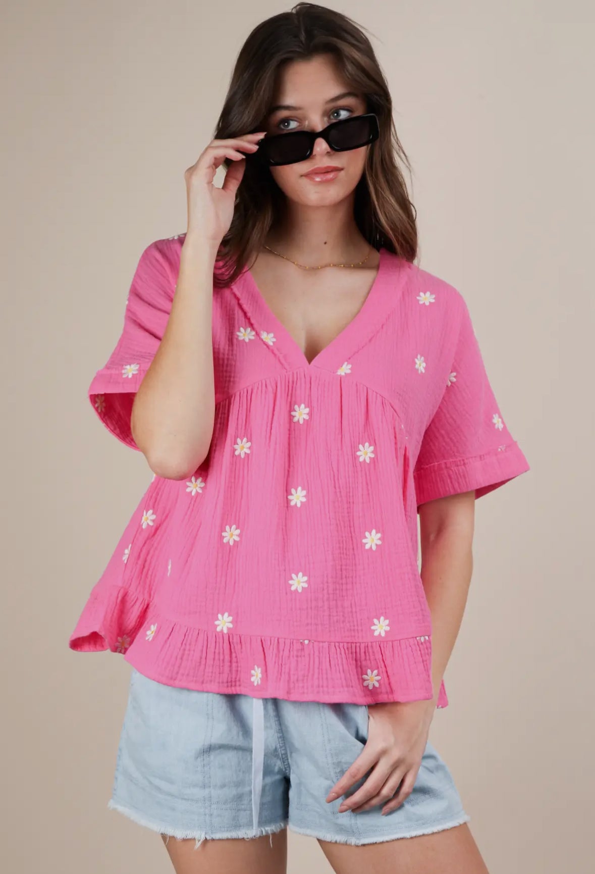 Flower Embroidered Woven Top