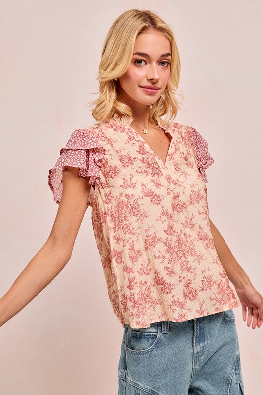 Mauve Floral Print Mix Woven Top