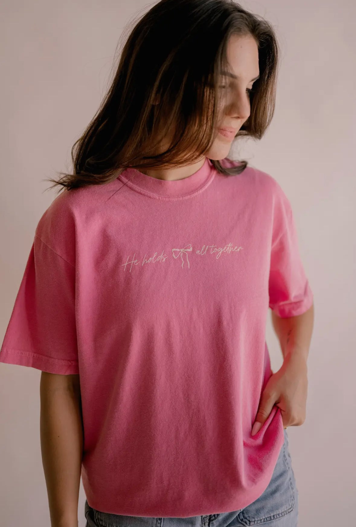 Pink He Holds All Together Comfort Colors Tee