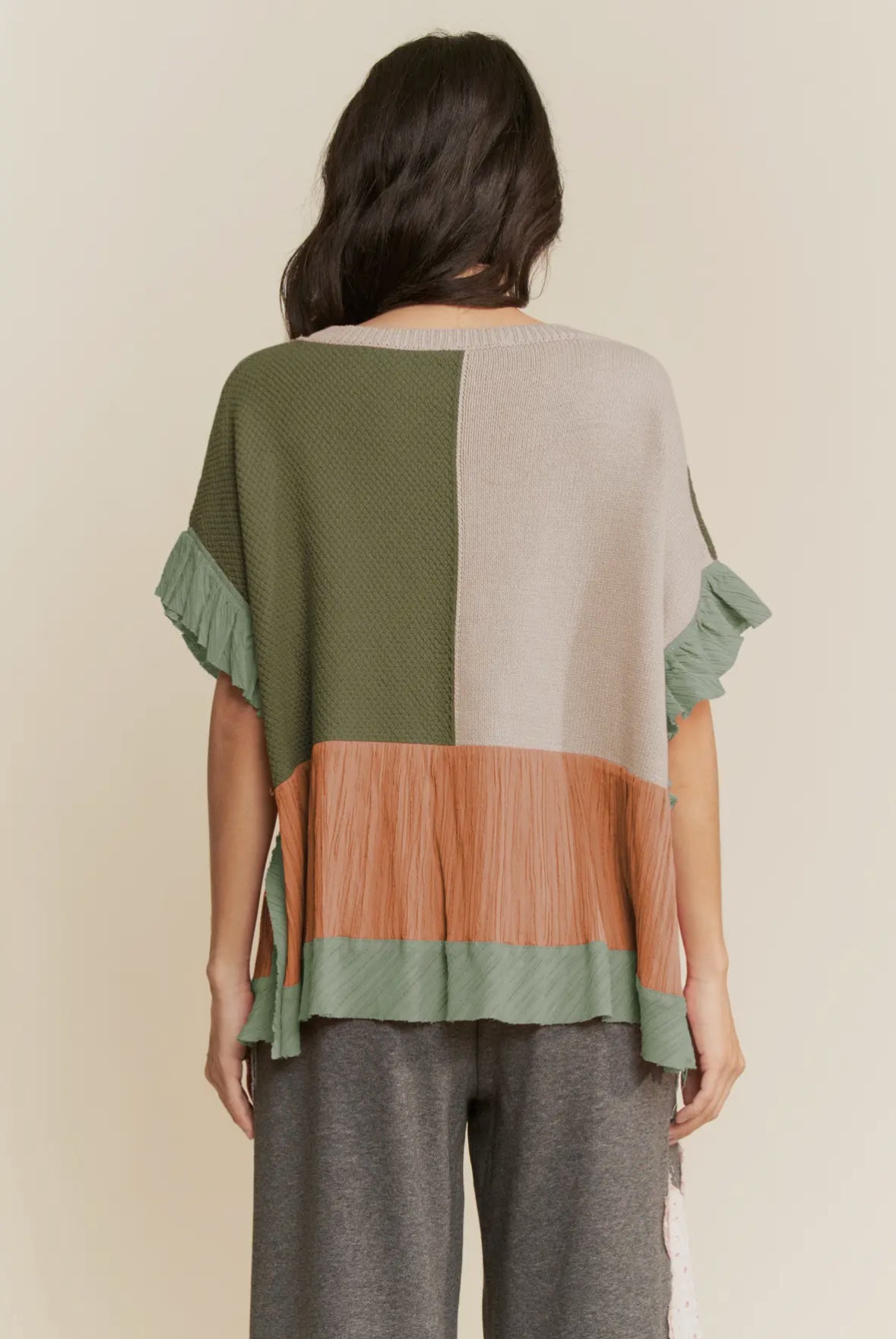 Olive Multi Color Sweater Patchwork Top