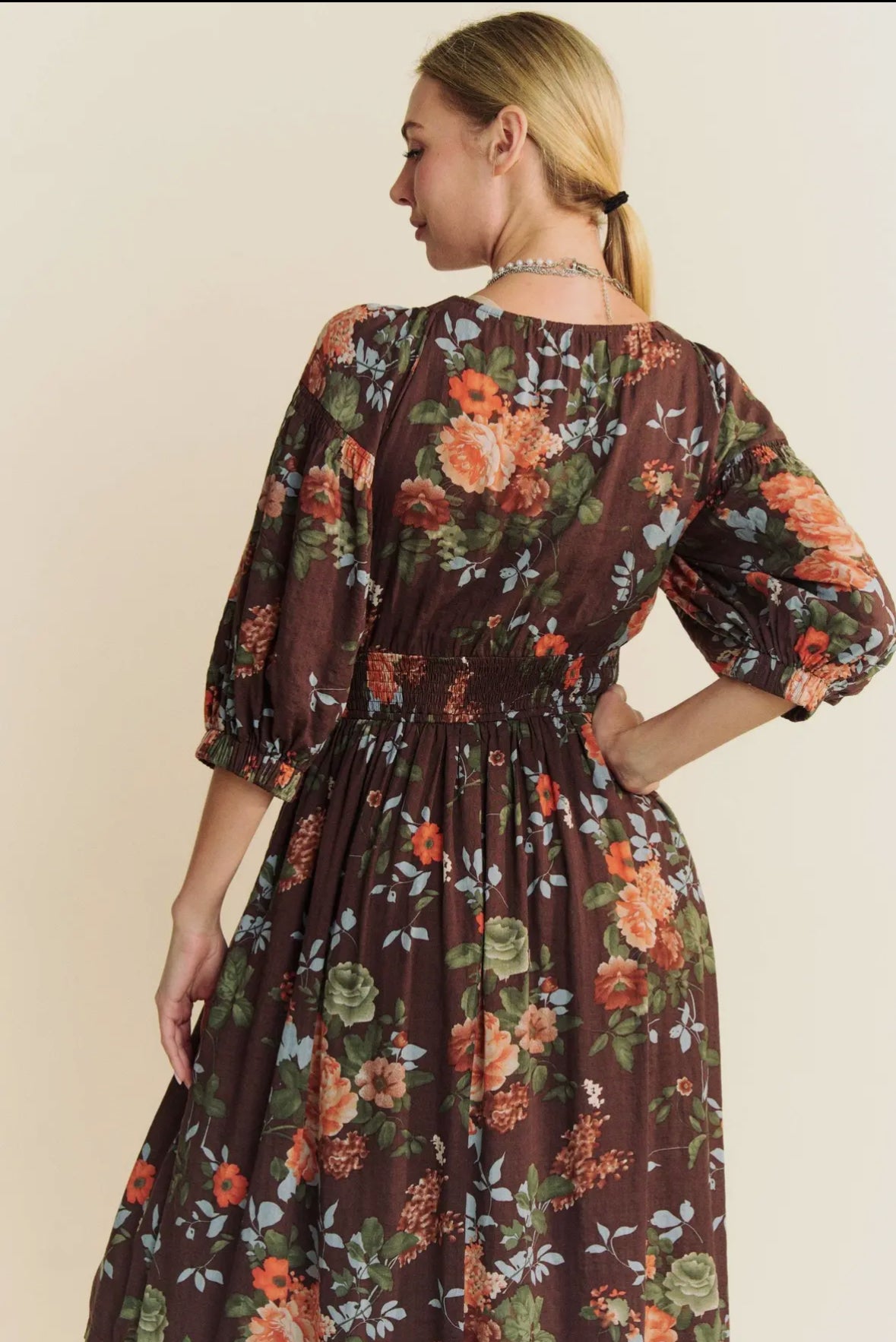 The Delancey| Floral Three Quarter Sleeve Maxi Dress
