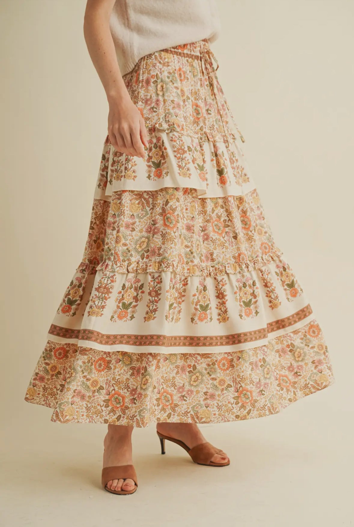 Ruffle Tiered Floral Print Midi Skirt