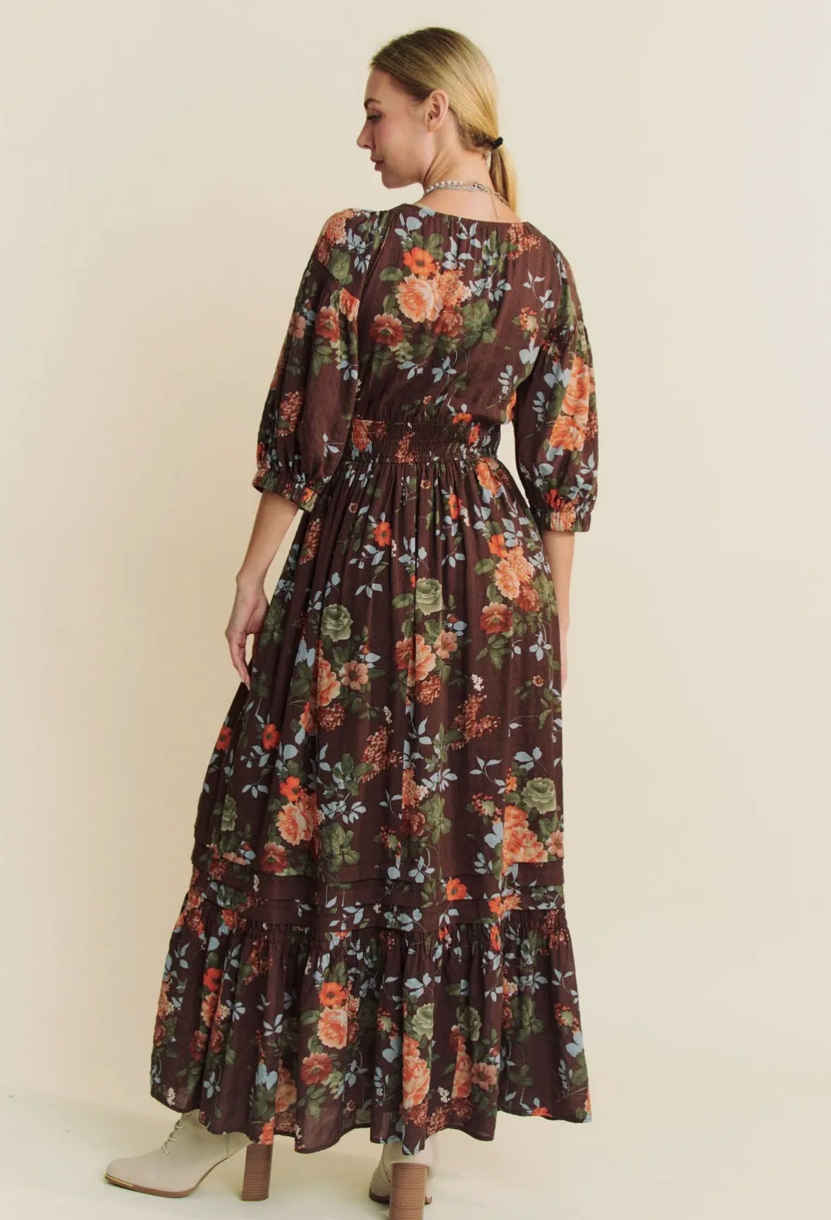 The Delancey| Floral Three Quarter Sleeve Maxi Dress