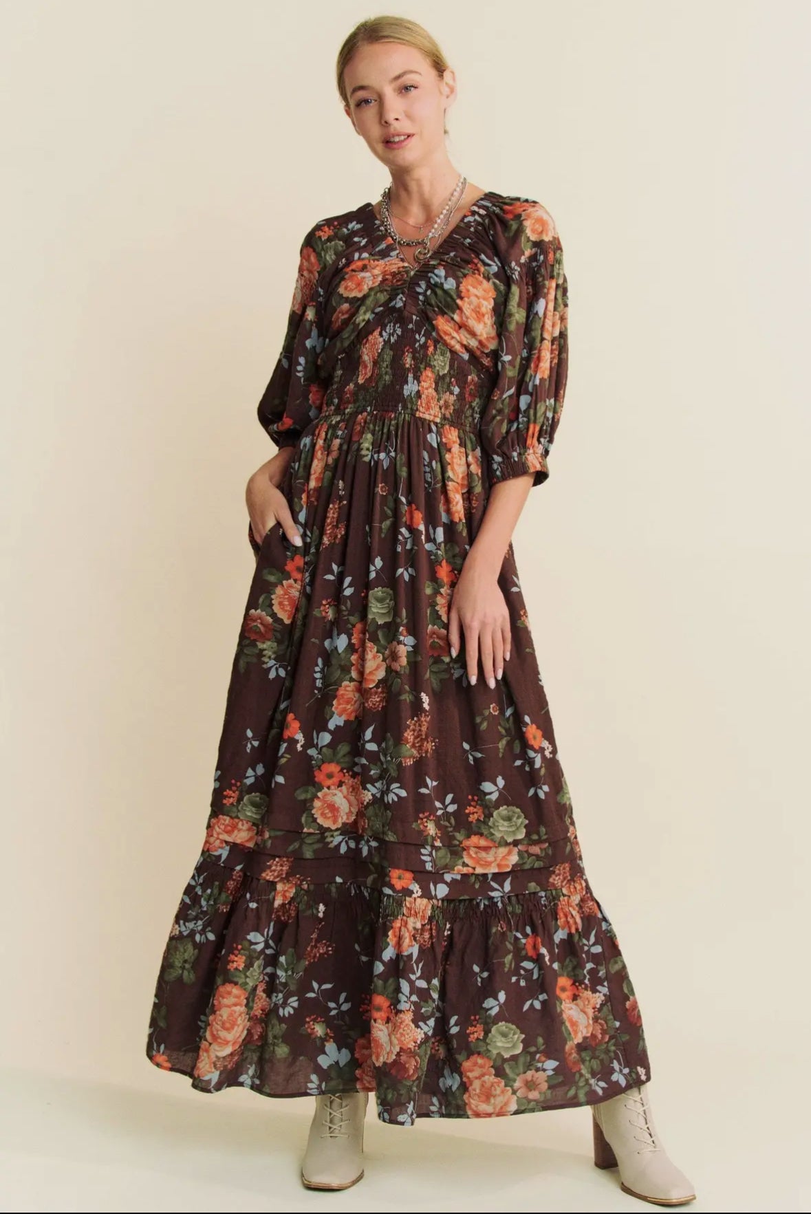 The Delancey| Floral Three Quarter Sleeve Maxi Dress