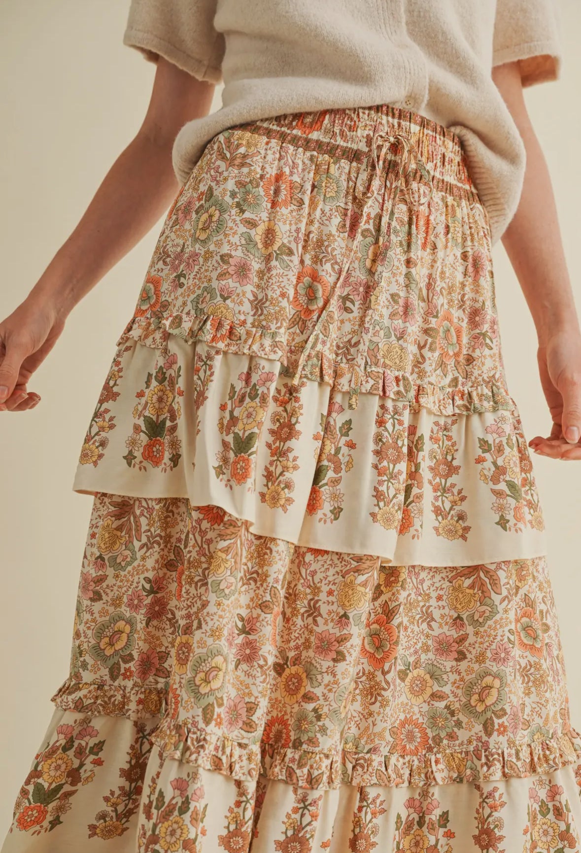 Ruffle Tiered Floral Print Midi Skirt