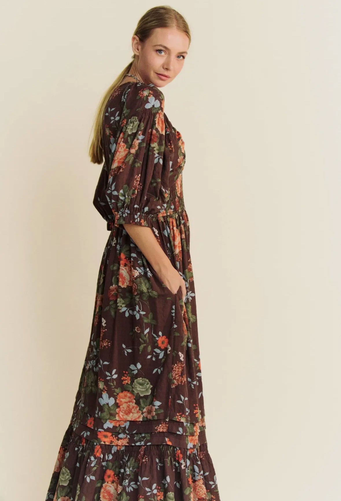 The Delancey| Floral Three Quarter Sleeve Maxi Dress