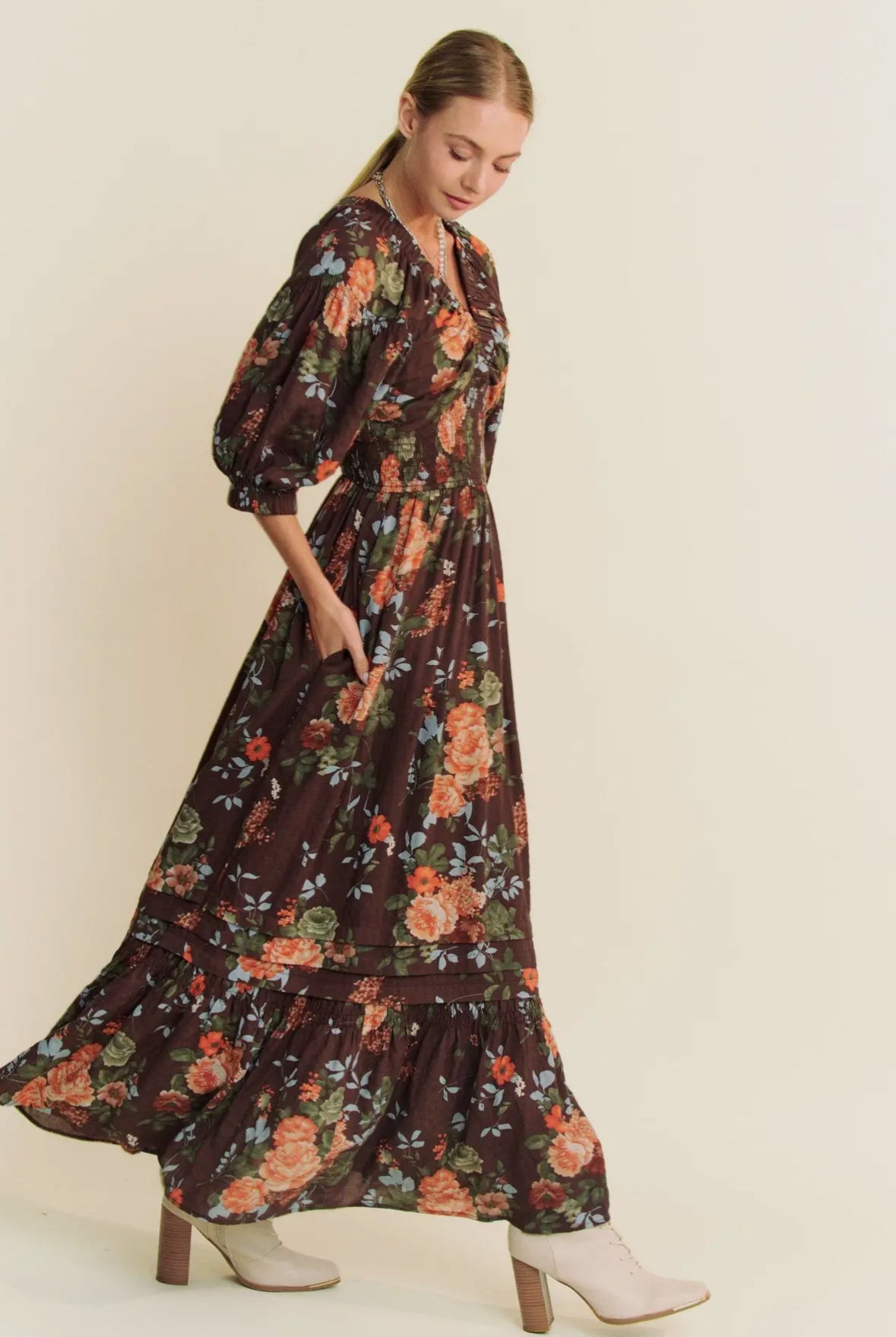 The Delancey| Floral Three Quarter Sleeve Maxi Dress