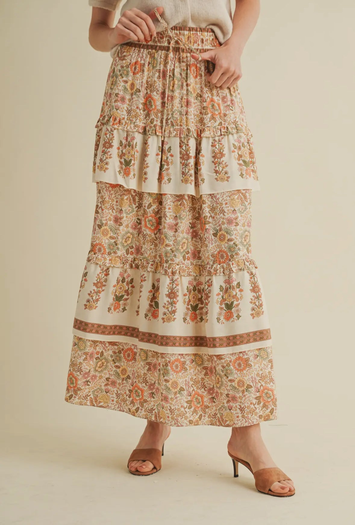 Ruffle Tiered Floral Print Midi Skirt