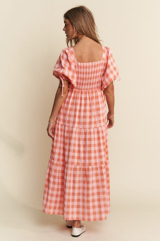 The Dolly| Salmon Checkered Tier Maxi Dress