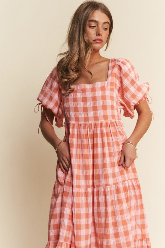 The Dolly| Salmon Checkered Tier Maxi Dress