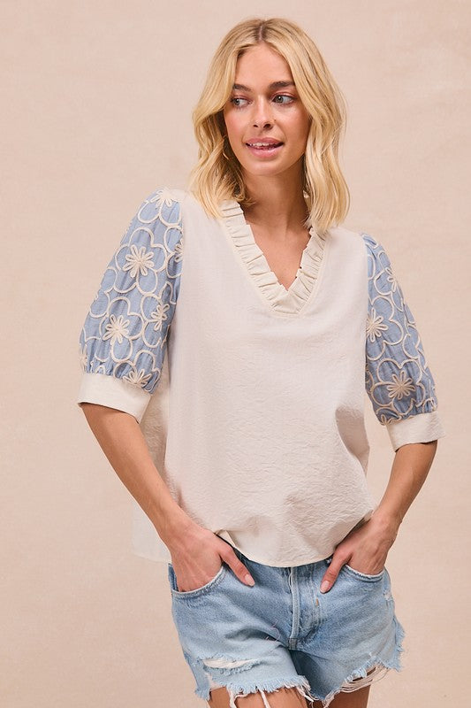 Woven Floral Outlined Puff Sleeve Blouse