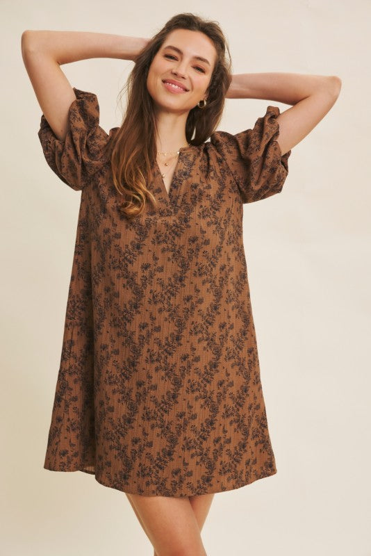The Annabelle| Pecan Brown Floral Mini A-line Dress
