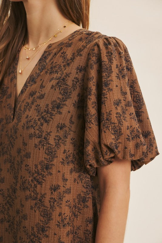 The Annabelle| Pecan Brown Floral Mini A-line Dress