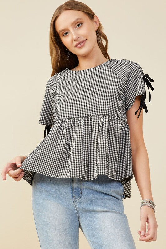 Black Ribbon Gingham Babydoll Top