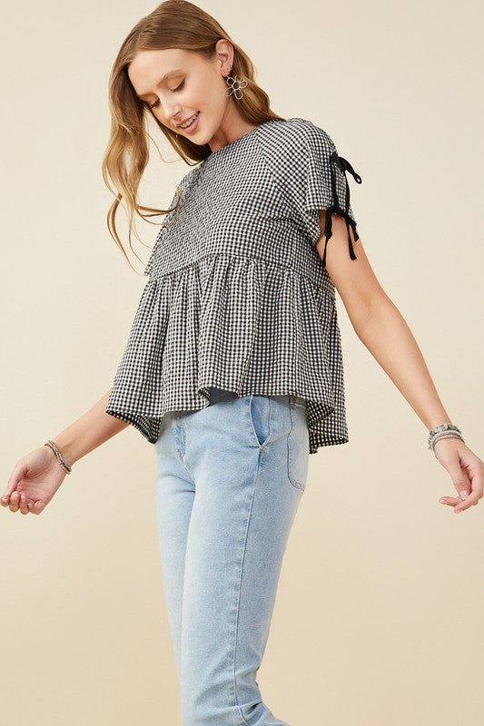 Black Ribbon Gingham Babydoll Top