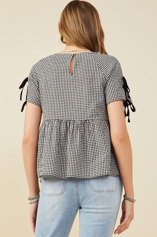 Black Ribbon Gingham Babydoll Top